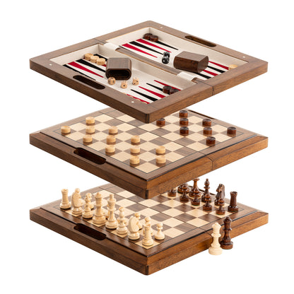 Lingle 15'' Deluxe Solid Wood 3-in-1 Chess Set